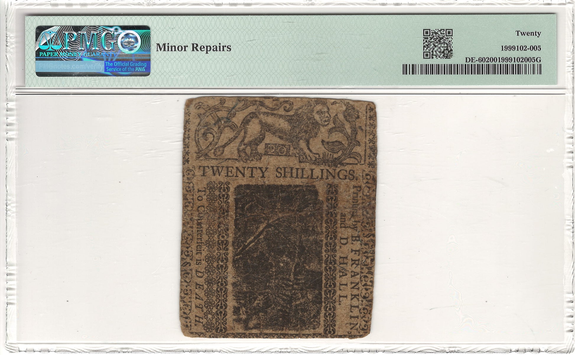 Delaware Colonial Note 20 Shillings PMG Very Fine 20 Fr#DE-60 May 1, 1758