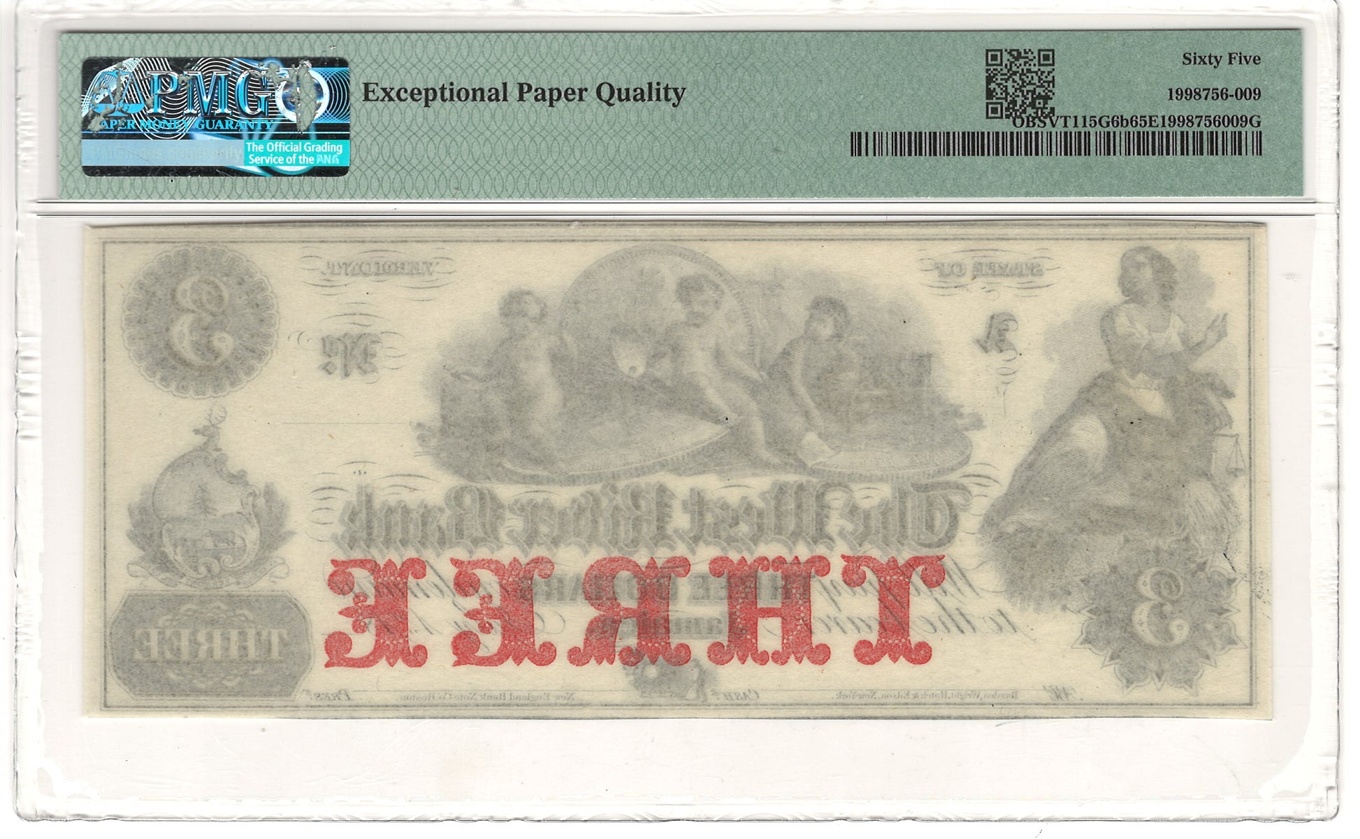 $3 1860s Vermont, Jamaica West River Bank Note PMG Gem Uncirculated 65 EPQ