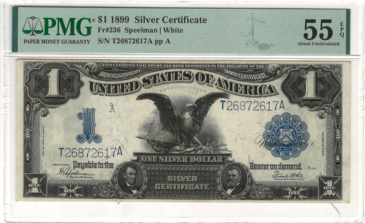 $1 1899 Black Eagle Note Large Silver Certificate PMG About Uncirculated 55 EPQ Fr# 236