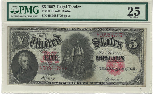 $5 1907 Legal Tender Wood Chopper Note PMG VF25 Fr#89