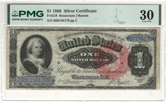 $1 1886 Large Silver Certificate Martha Washington Note PMG Very Fine 30 Fr#218