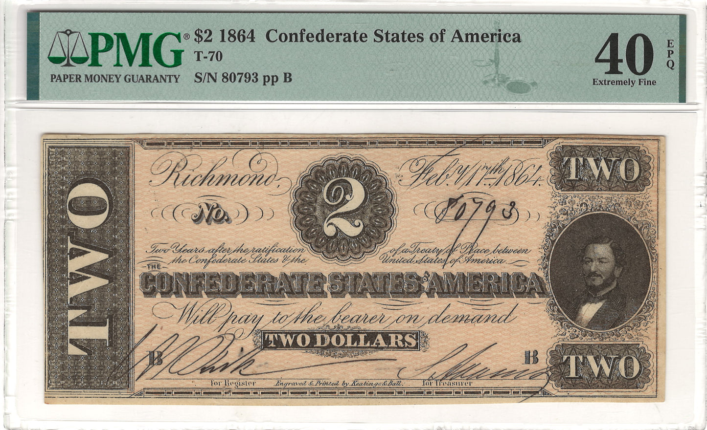 $2 1864 Confederate States of America Note PMG Extremely Fine 40 EPQ T-70