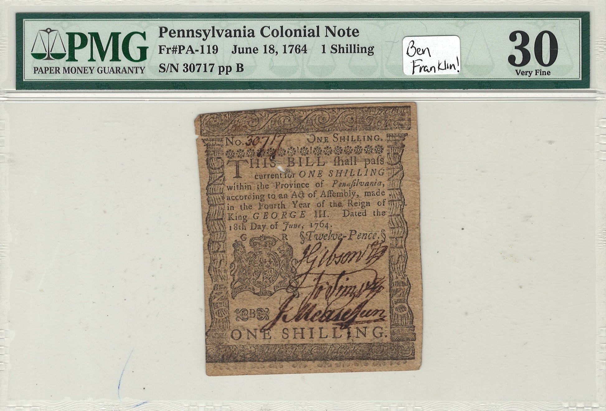 Pennsylvania Colonial Note 1 Shilling PMG Very Fine 30 Fr#PA-119 June 18, 1764 Front