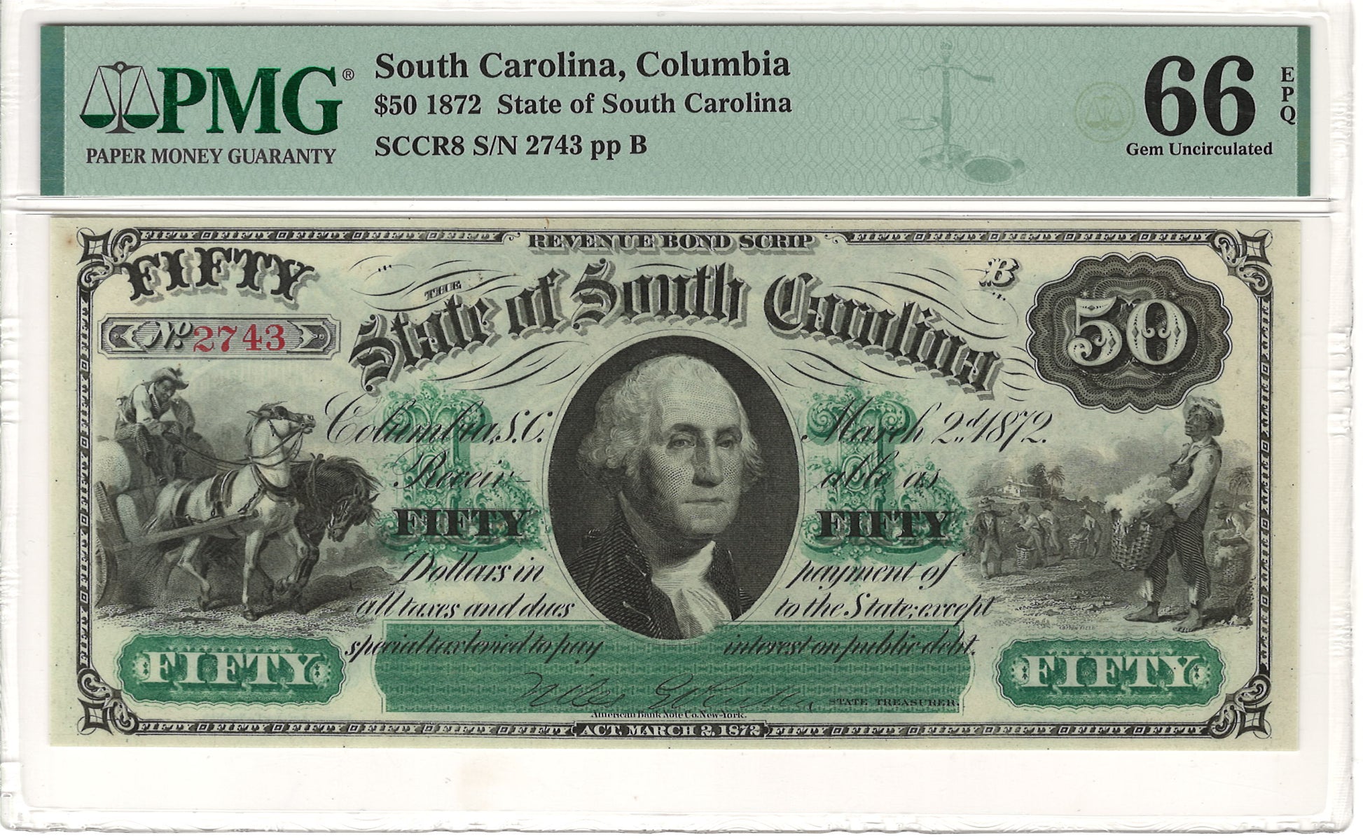 $50 1872 State of South Carolina, Columbia PMG Gem Uncirculated 66 EPQ Front