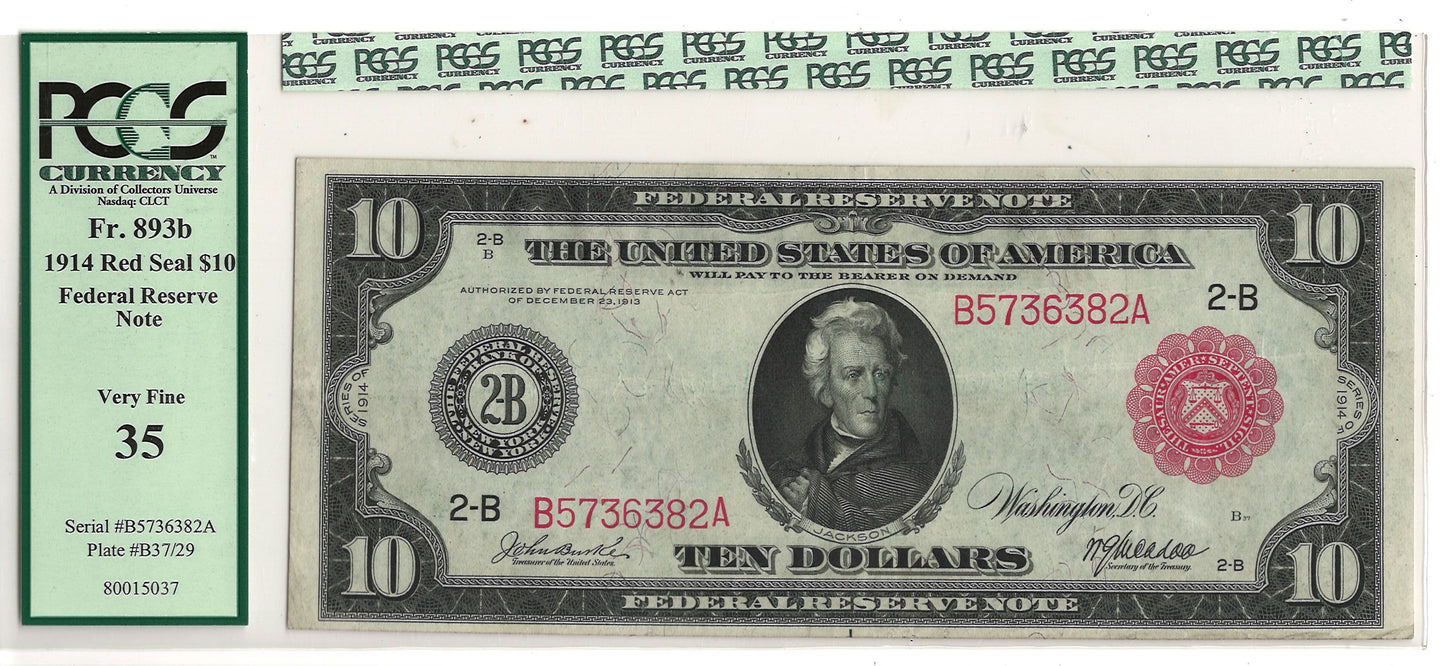 $10 1914 Red Seal Federal Reverse Note PCGS Currency VF35 Fr#893b