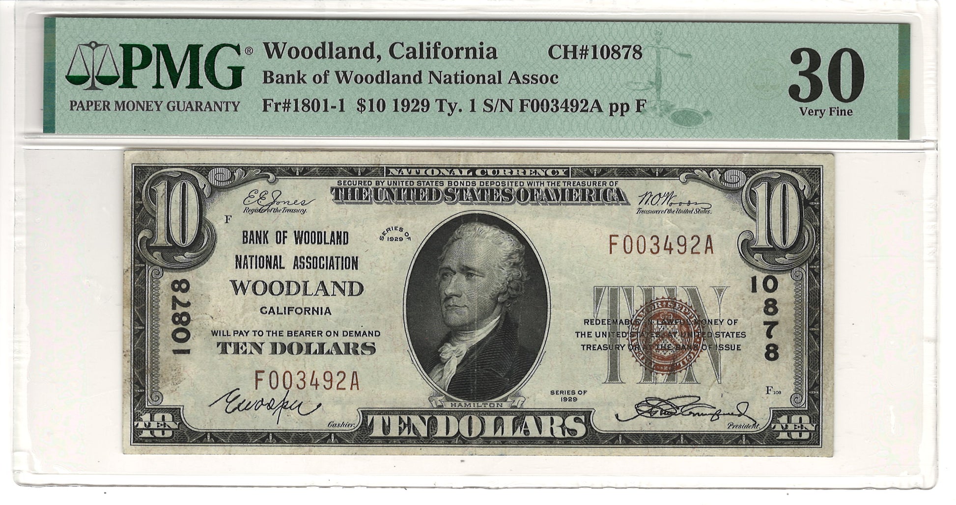 $10 1929 Ty. 1 Woodland, California National Bank Note PMG Very Fine 30 Fr#1801-1
