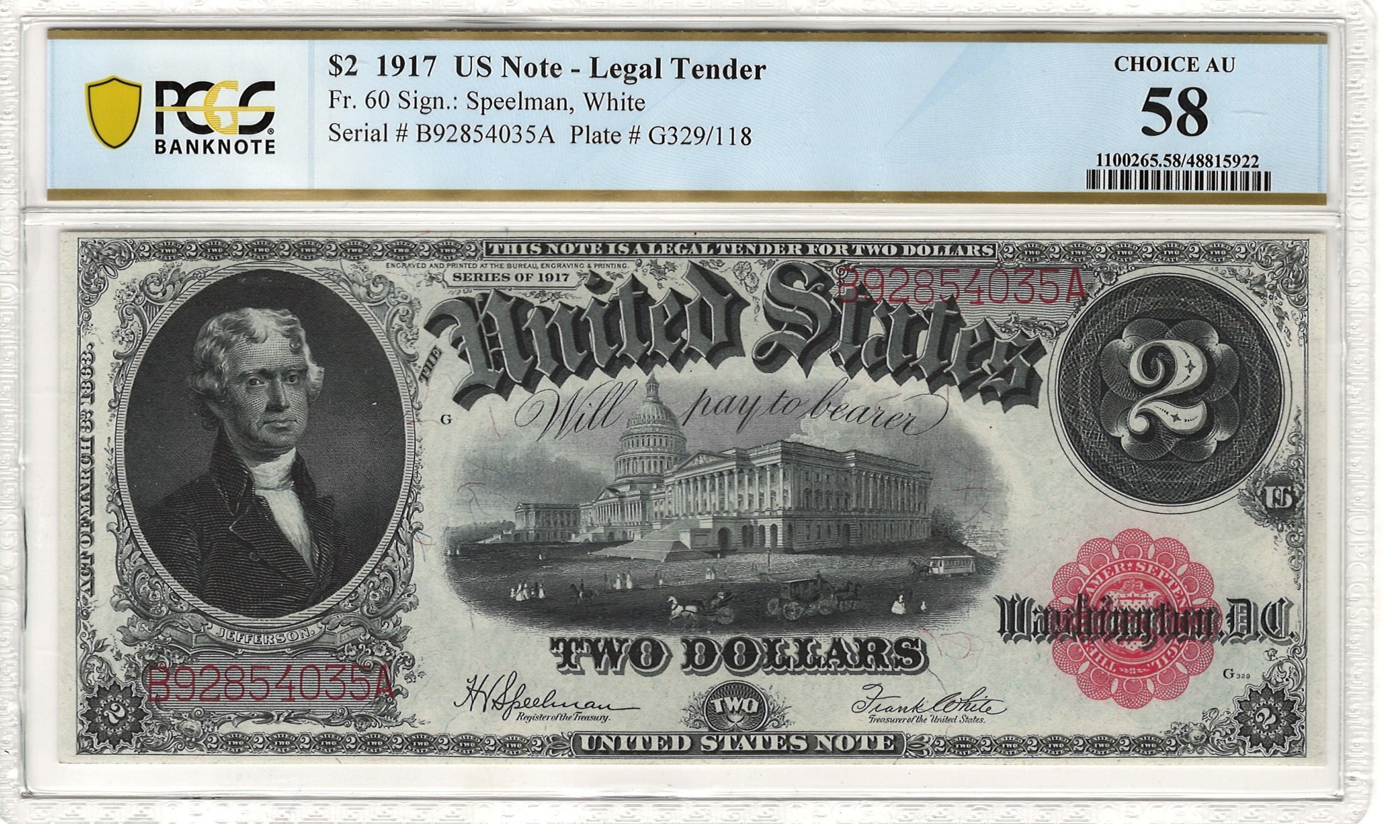 $2 1917 US Legal Tender Note PCGS Currency Choice AU 58 Fr. 60 Front