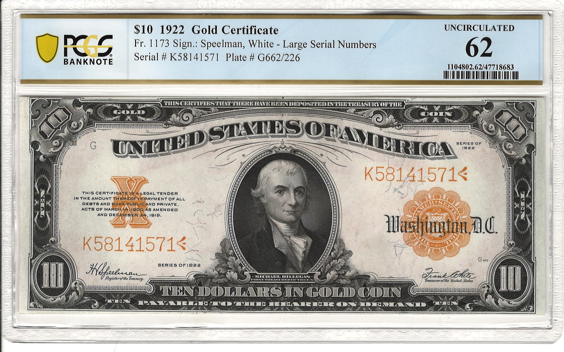 $10 1922 Gold Certificate PCGS Uncirculated 62 Fr. 1173 Front