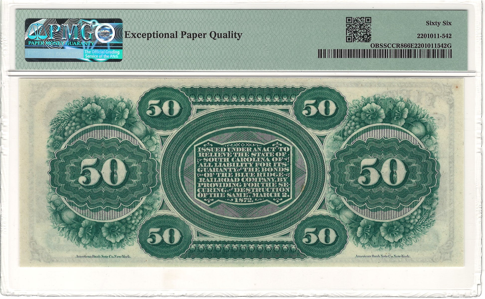 $50 1872 State of South Carolina, Columbia PMG Gem Uncirculated 66 EPQ Back