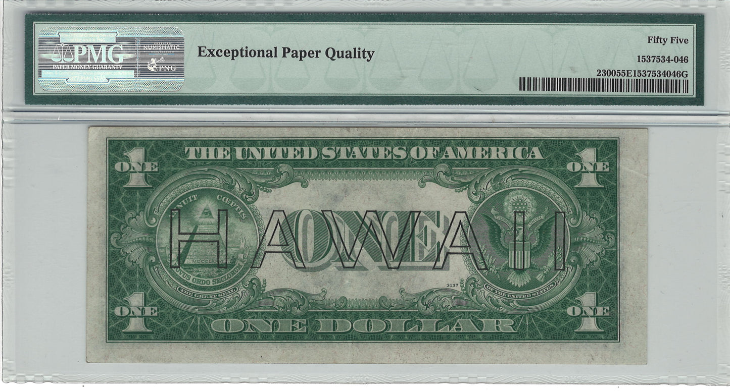 $1 1935A Hawaii WWII Emergency Issue Silver Certificate Note PMG About Uncirculated 55 EPQ Fr#2300