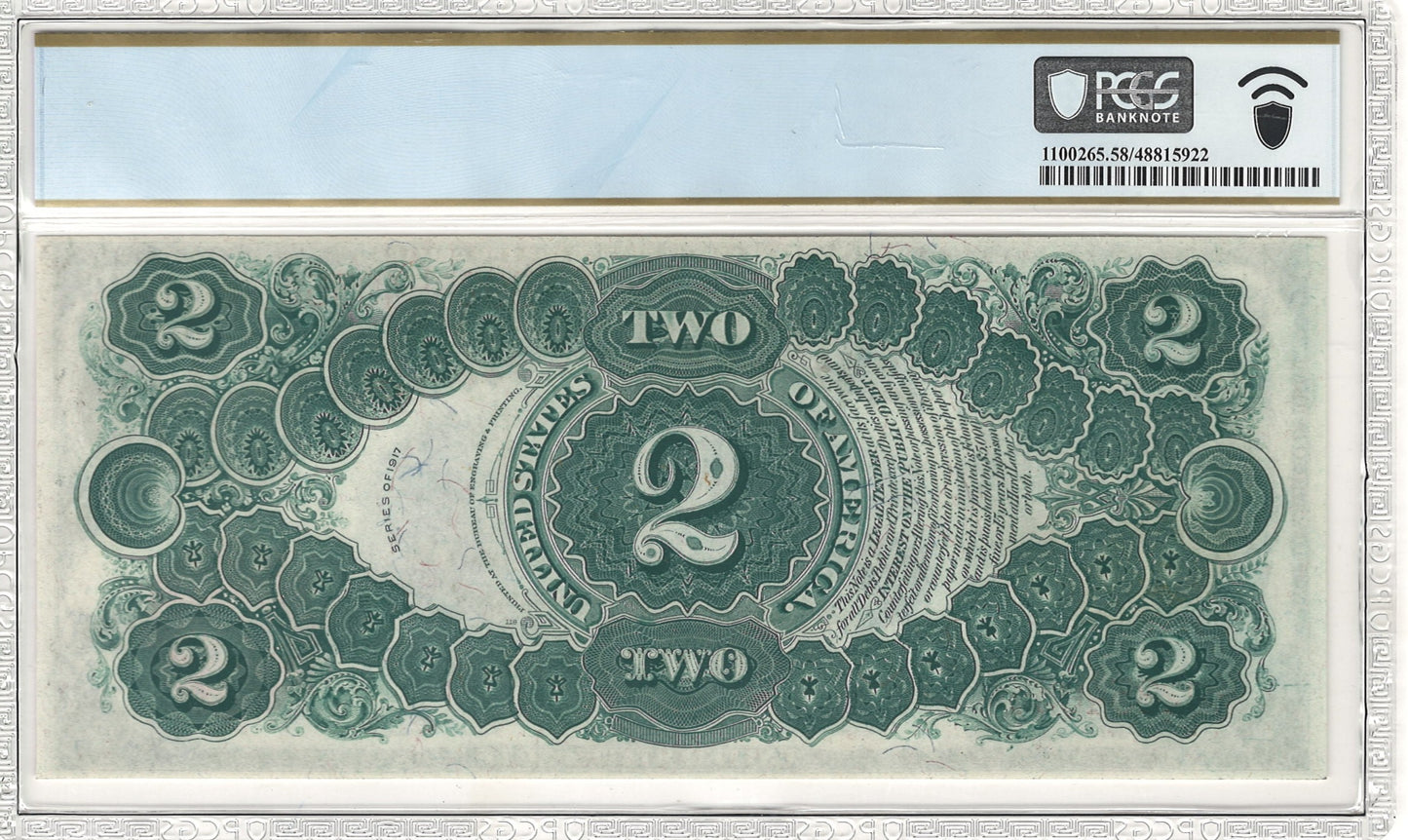 $2 1917 US Legal Tender Note PCGS Currency Choice AU 58 Fr. 60 Back