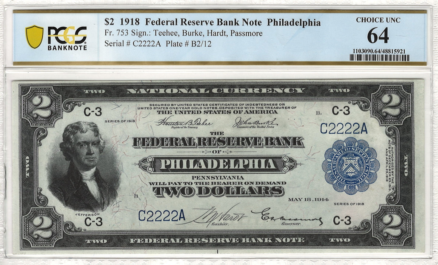 $2 1918 Federal Reserve Note Philadelphia "Battleship" PCGS Banknote Choice UNC 64 Fr. 753 - SOLID SERIAL NUMBER Front