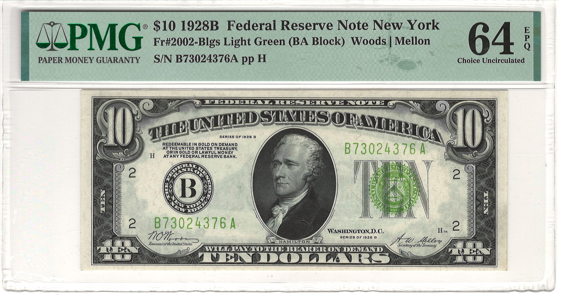 $10 1928B Federal Reserve Note New York PMG Choice Uncirculated 64 EPQ Fr#2002-Blgs