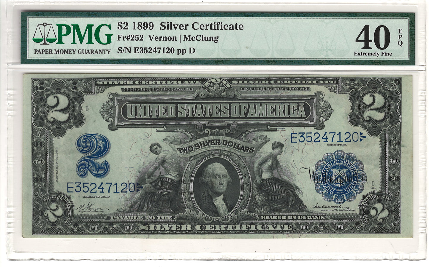 $2 1899 Mini Porthole Large Silver Certificate PMG Extremely Fine 40 Fr#252