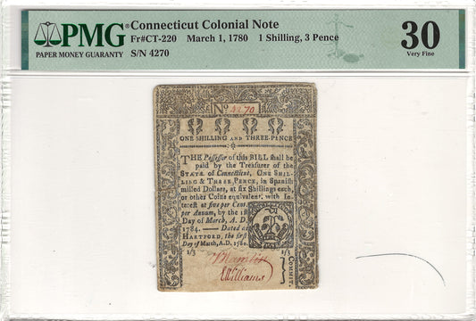 Connecticut Colonial Note 1 Shilling, 3 Pence PMG Very Fine 30 Fr#CT-220 March 1, 1780