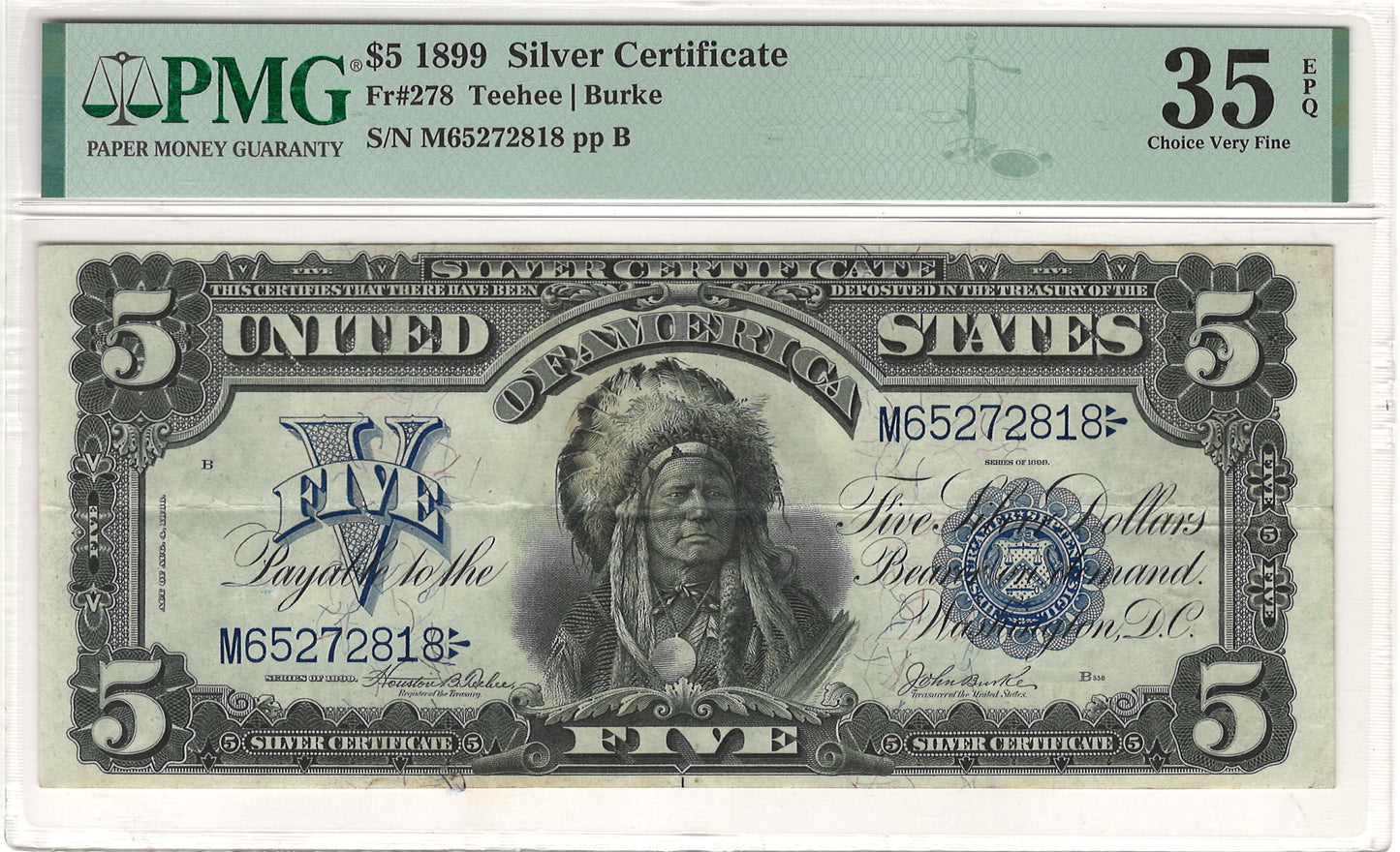 $5 1899 Indian Chief Large Silver Certificate Note PMG Choice Very Fine 35 EPQ Fr#278