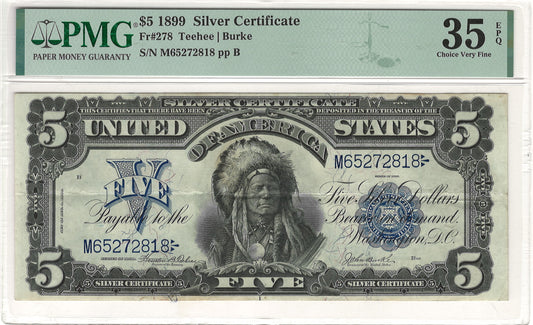 $5 1899 Indian Chief Large Silver Certificate Note PMG Choice Very Fine 35 EPQ Fr#278