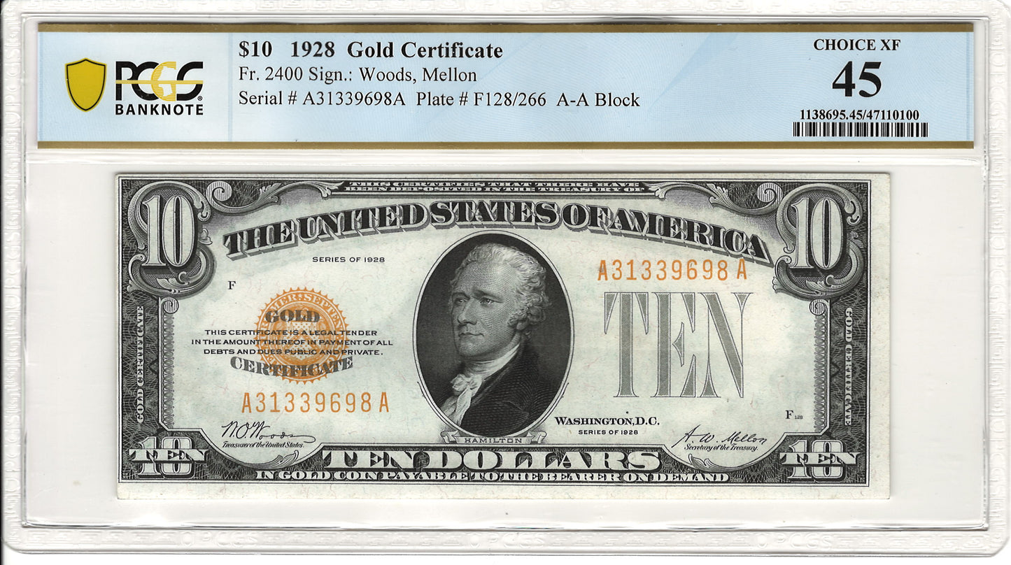 $10 1928 Gold Certificate PCGS Choice XF 45 Fr. 2400 Front