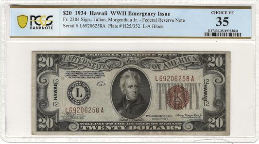 $20 1934 Hawaii WWII Emergency Issue Federal Reserve Note PCGS Banknote Choice VF35 Fr. 2304 Front