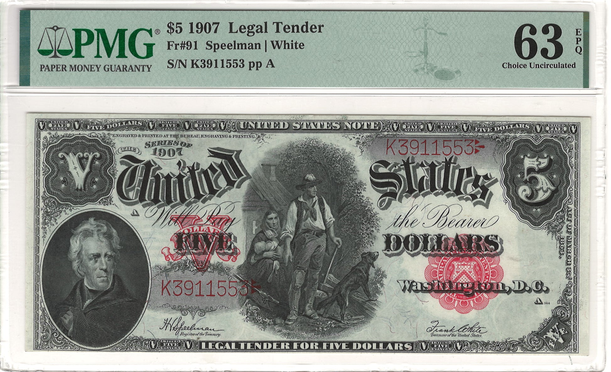 $5 1907 Legal Tender Woodchopper Note PMG Choice Uncirculated 63 EPQ Fr#91