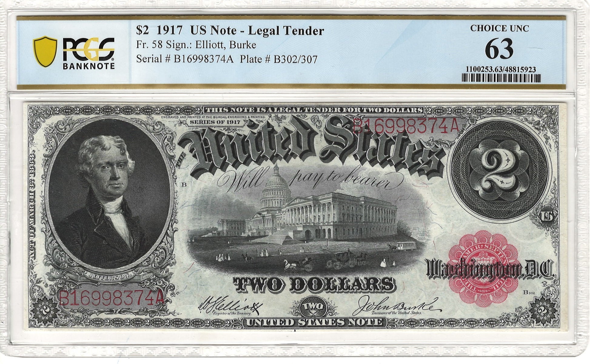 $2 1917 US Legal Tender Note PCGS Currency Choice UNC 63 Front
