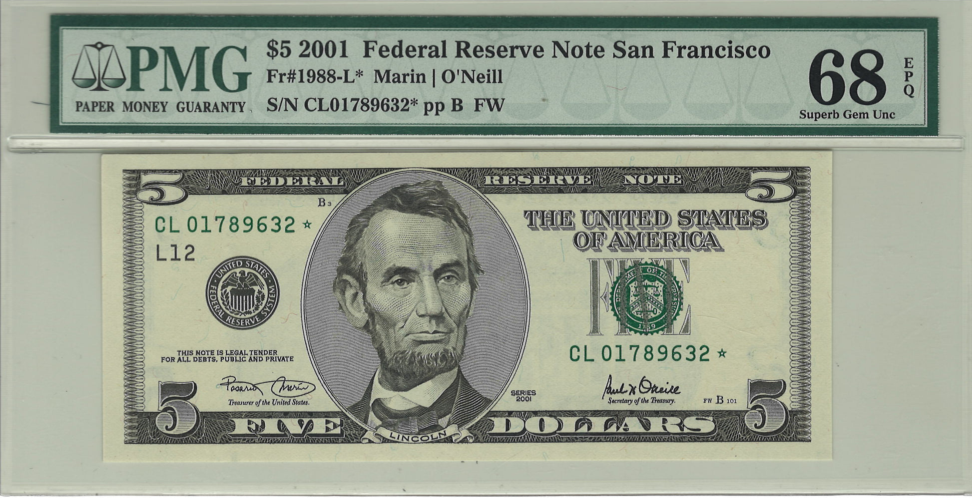 $5 2001 Federal Reserve Note San Francisco PMG Superb Gem Uncirculated 68 EPQ Fr#1988-L* Star Note