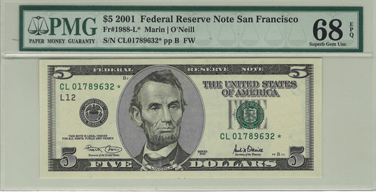 $5 2001 Federal Reserve Note San Francisco PMG Superb Gem Uncirculated 68 EPQ Fr#1988-L* Star Note