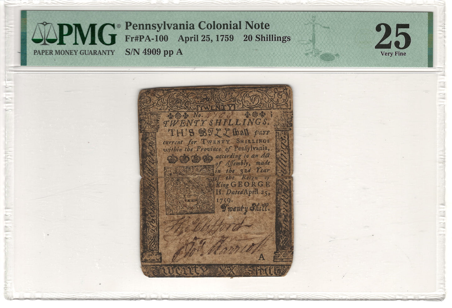 Pennsylvania Colonial Note 20 Shillings PMG Very Fine 25 Fr#PA-100 April 25, 1759