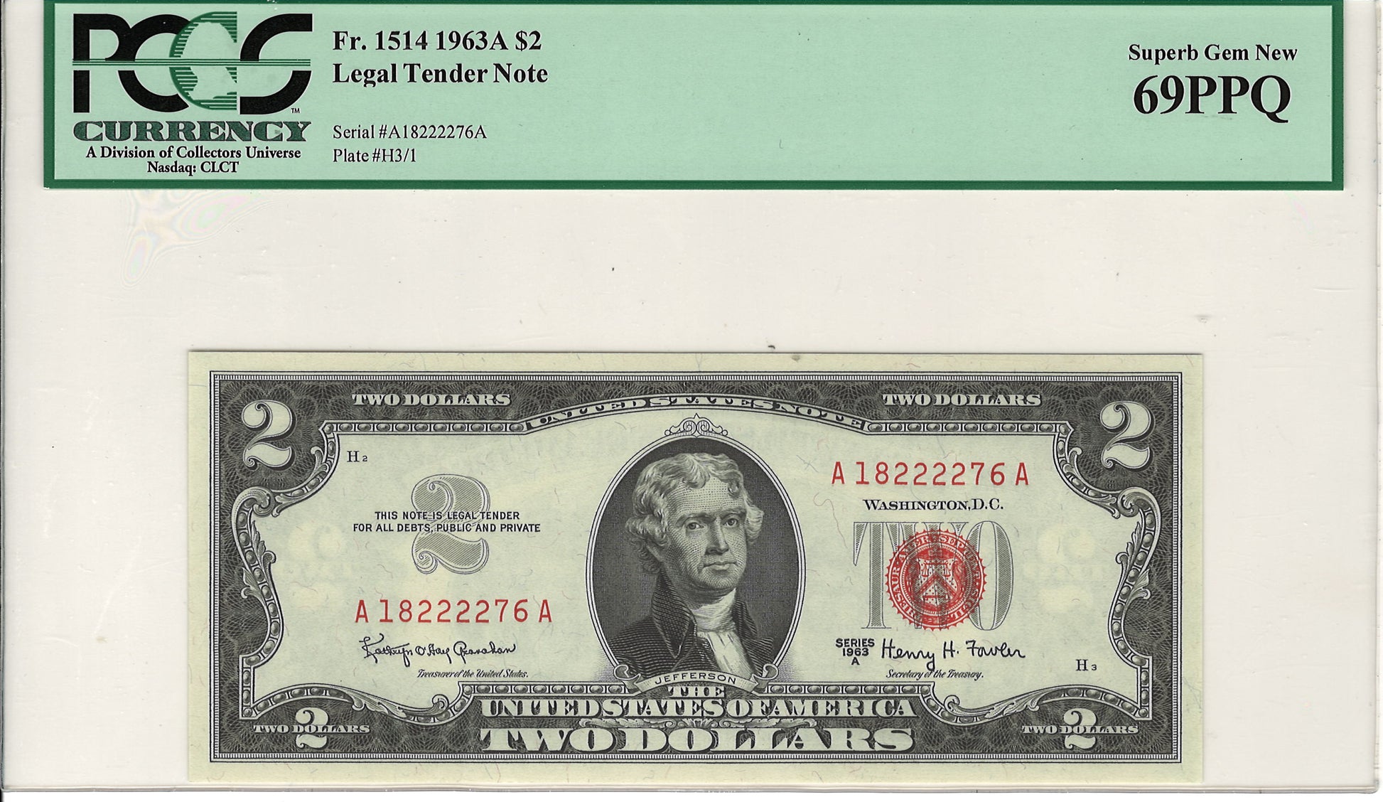 $2 1963A Red Seal Legal Tender Note Fr. 1514 PCGS Currency Superb Gem New 69PPQ Front