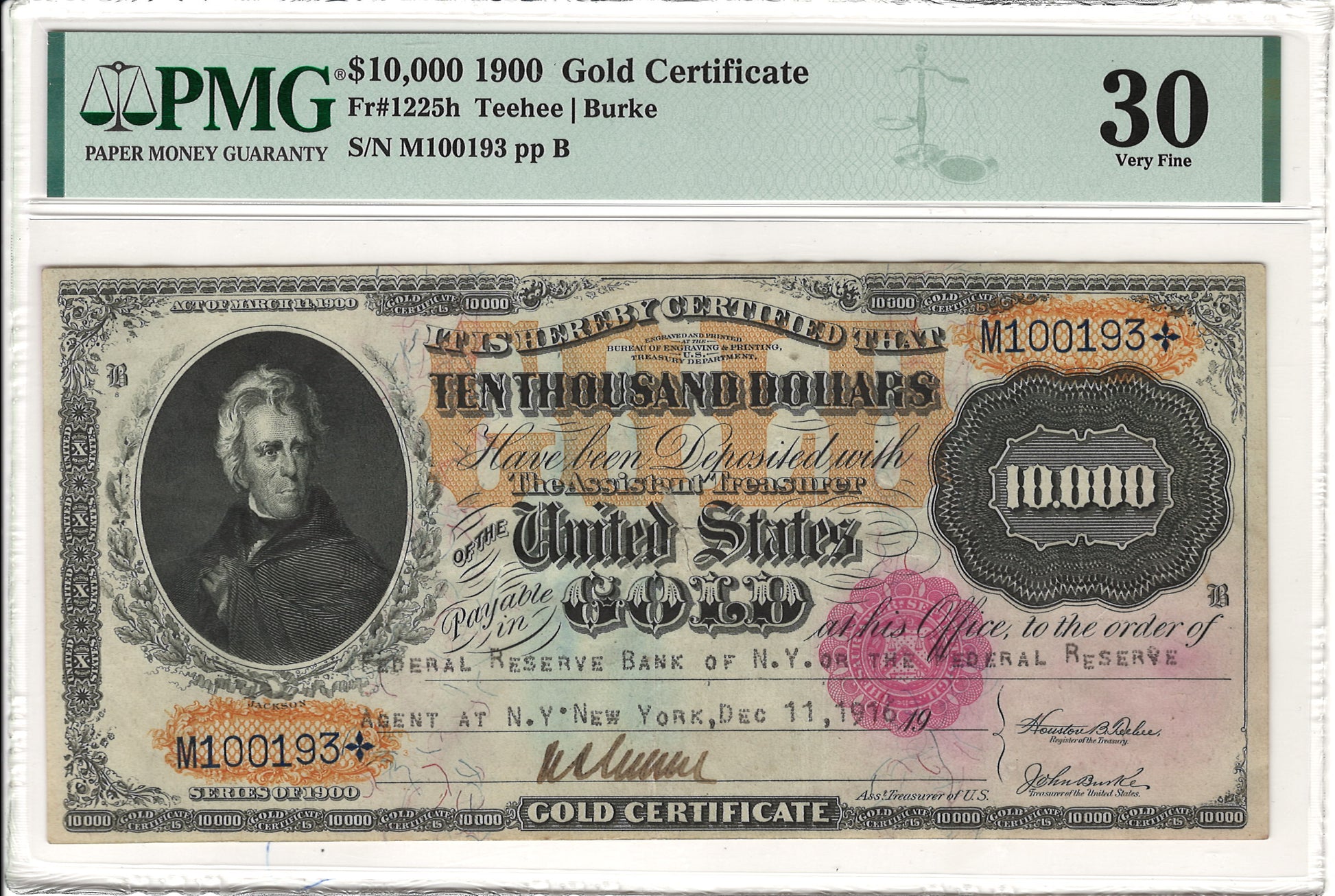$10,000 1900 Gold Certificate Large Note PMG VF30 Fr#1225h Obverse Slab