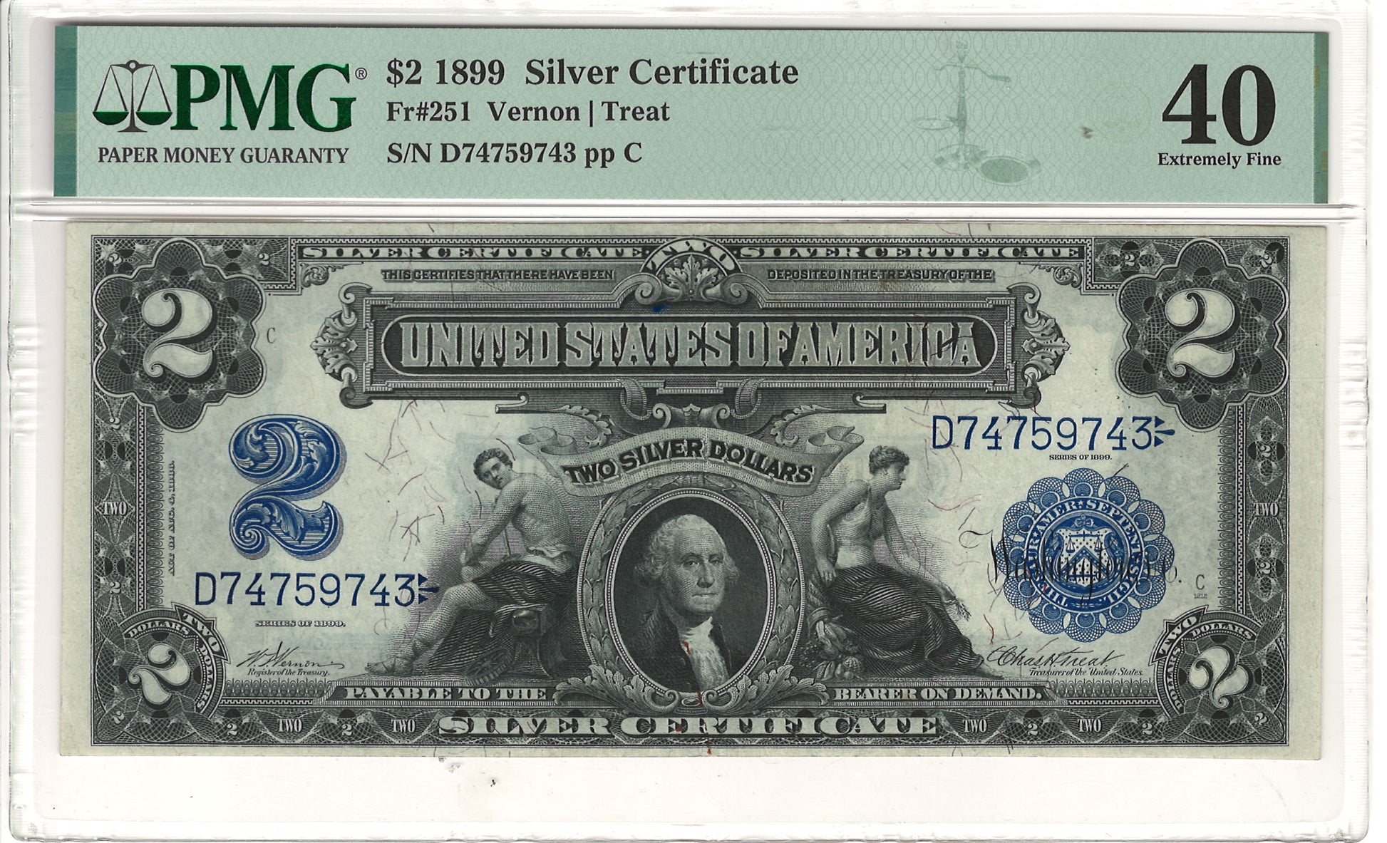 $2 1899 Mini Porthole Large Silver Certificate PMG Extremely Fine XF40 Fr#251