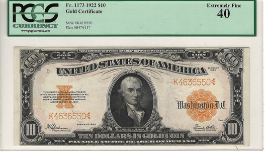 $10 1922 Gold Certificate Note PCGS Currency XF40 Fr#1173