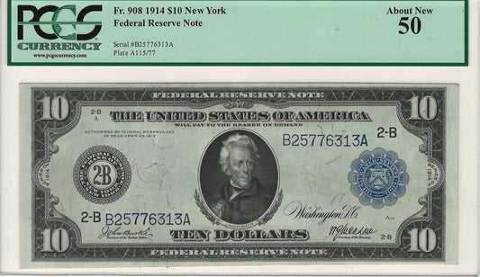 $10 1914 New York Federal Reserve Note PCGS Currency About New 50 Fr. 908 Front