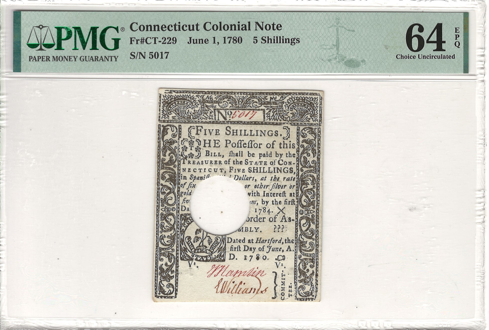 Connecticut Colonial Note 5 Shillings PMG Choice Uncirculated 64 EPQ Fr#CT-229 June 1, 1780