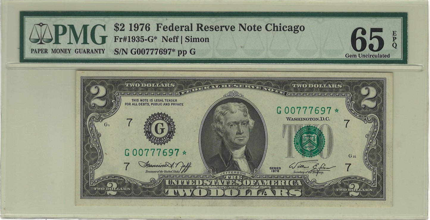 $2 1976 Federal Reserve Star Note Chicago PMG Gem Uncirculated 65 EPQ Fr#1935-G*
