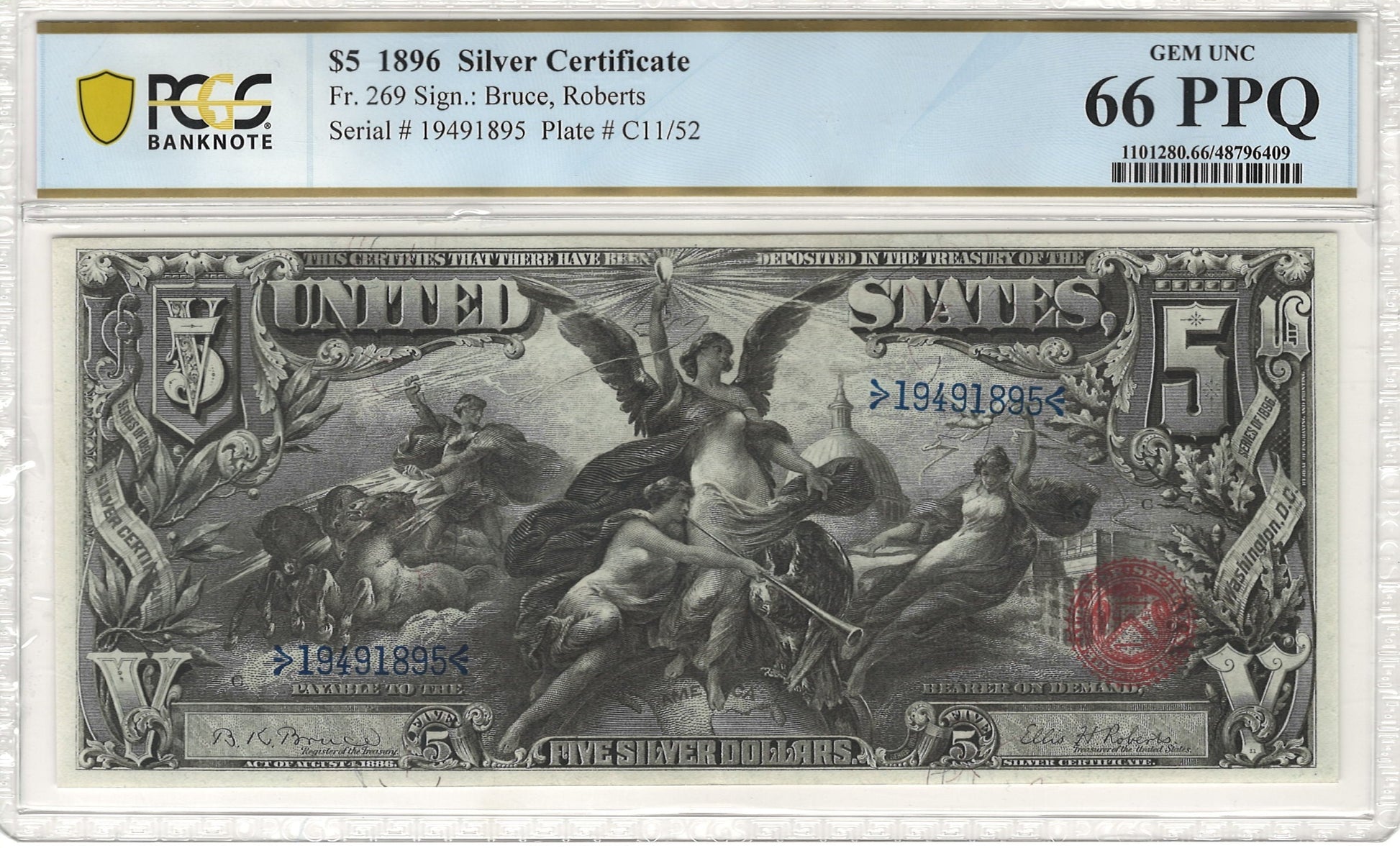 $5 1896 Silver Certificate Educational Note PCGS Banknote GEM UNC 66 PPQ Fr. 269 Front