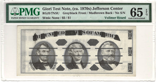 (ca. 1970s) Giori Test Note Jefferson Center PMG Gem Uncirculated 65 EPQ