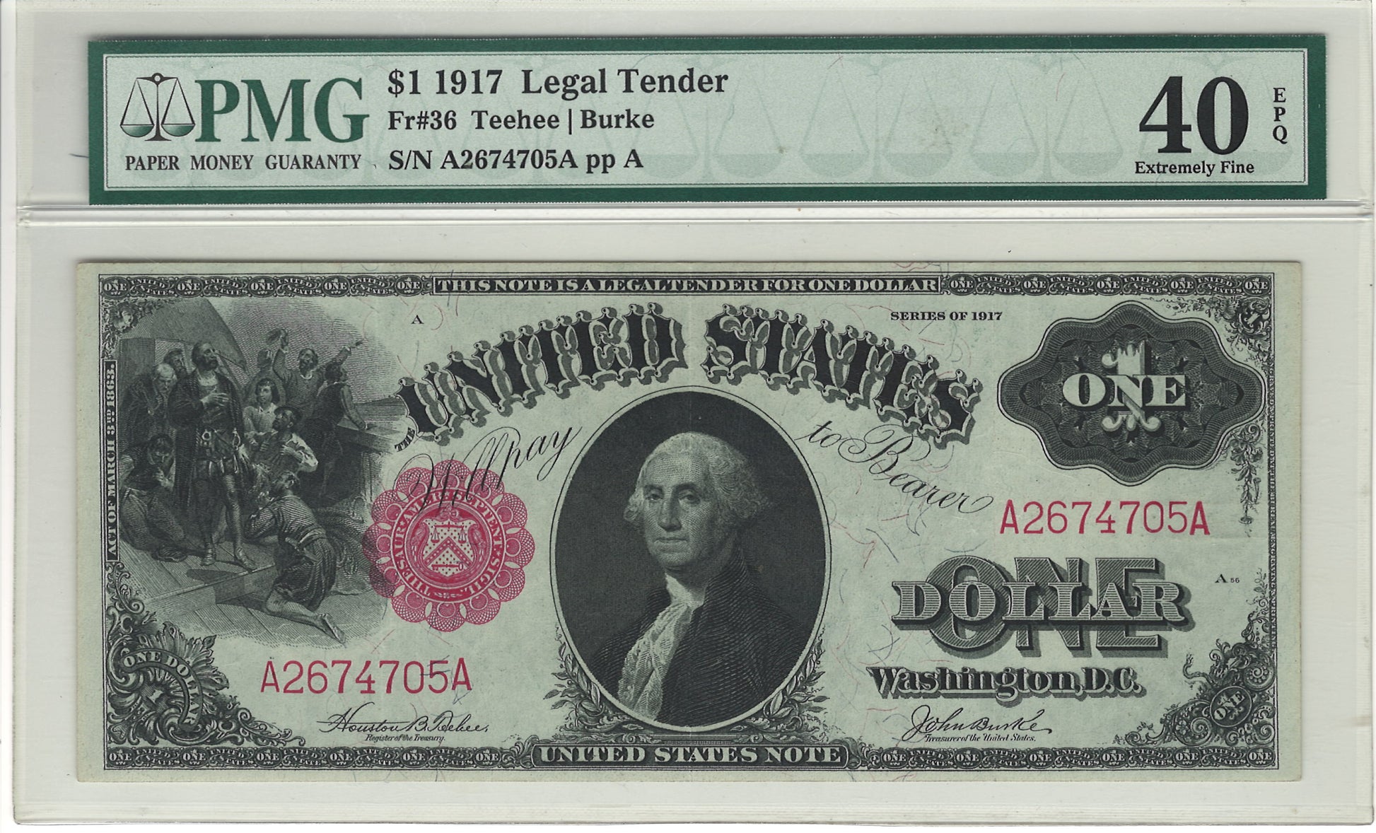 $1 1917 Sawhorse Note Legal Tender PMG Extremely Fine 40 EPQ Fr#36