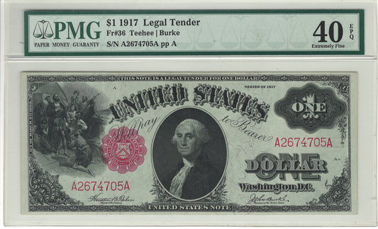 $1 1917 Sawhorse Note Legal Tender PMG Extremely Fine 40 EPQ Fr#36