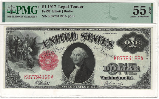 $1 1917 Sawhorse Legal Tender PMG About Uncirculated 55EPQ Front
