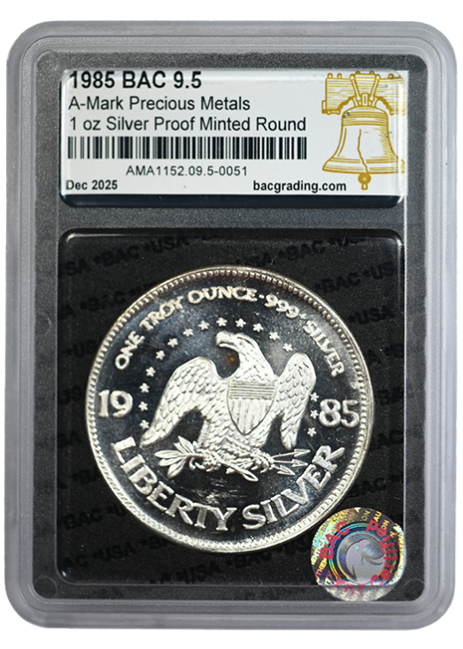 1985 A-Mark Precious Metals Eagle & Bell 1oz Silver Round BAC 9.5