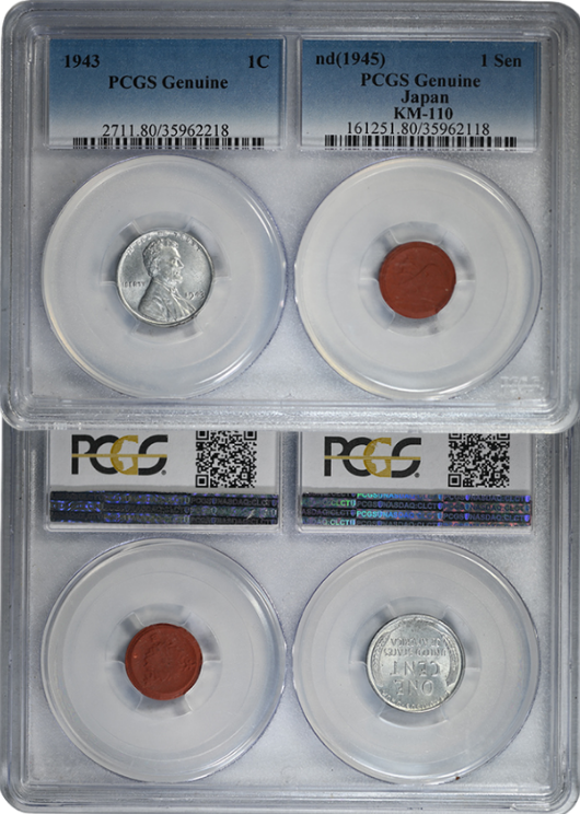 1943 Steel Lincoln Wheat Cent 1C & nd(1945) Japan 1 Sen KM-110 PCGS Genuine