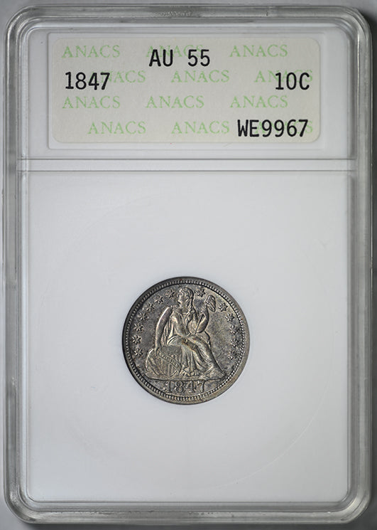 1847 Liberty Seated Dime 10C ANACS Soapbox AU55