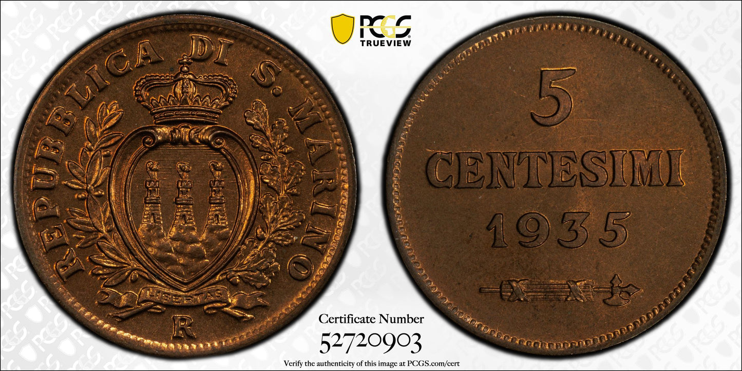 1935-R San Marino 5C Centesimi PCGS MS65RB