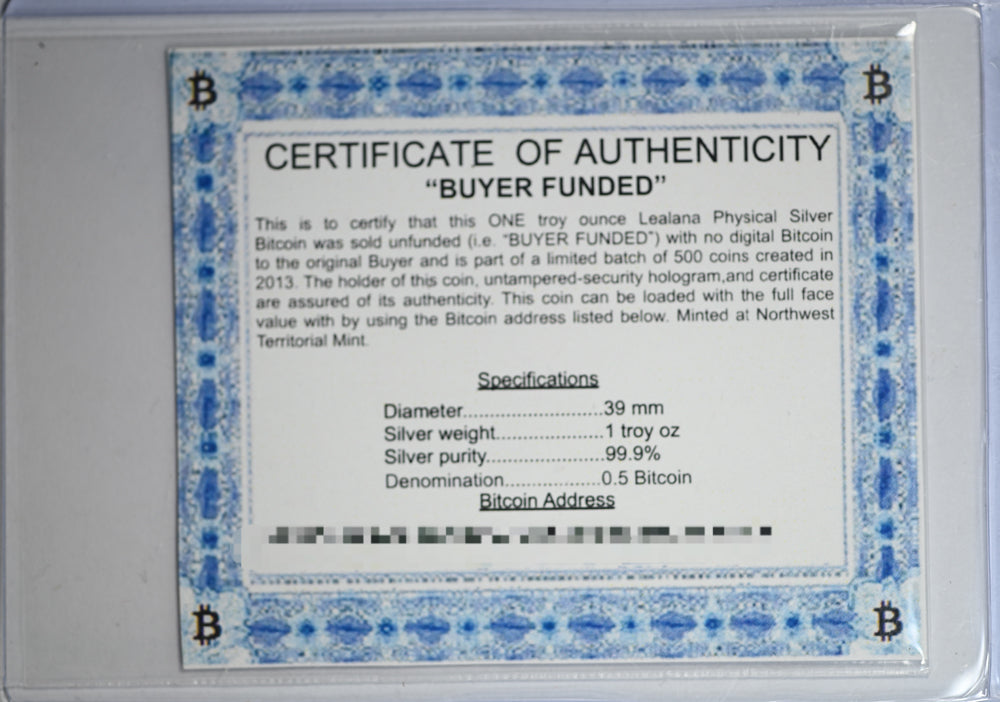 2013 Lealana Bitcoin 0.5 BTC ICG MS68PL Proof Like Unfunded Certificate