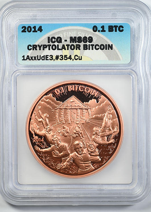 2014 Cryptolator Copper Bitcoin 0.1 BTC ICG MS69 Unfunded Obverse Slab